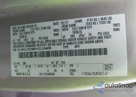 2017 Lincoln Mkc Premiere z USA, uszkodzony, nr VIN 5LMCJ1C98HUL56400